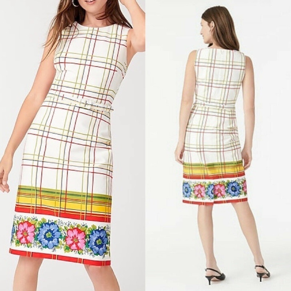 J.Crew Plaid Floral Border Sheath Dress Cotton Size 8 - Picture 2 of 15